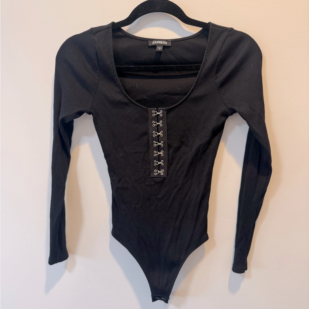 Express Black Ribbed Long Sleeve Bodysuit Size S